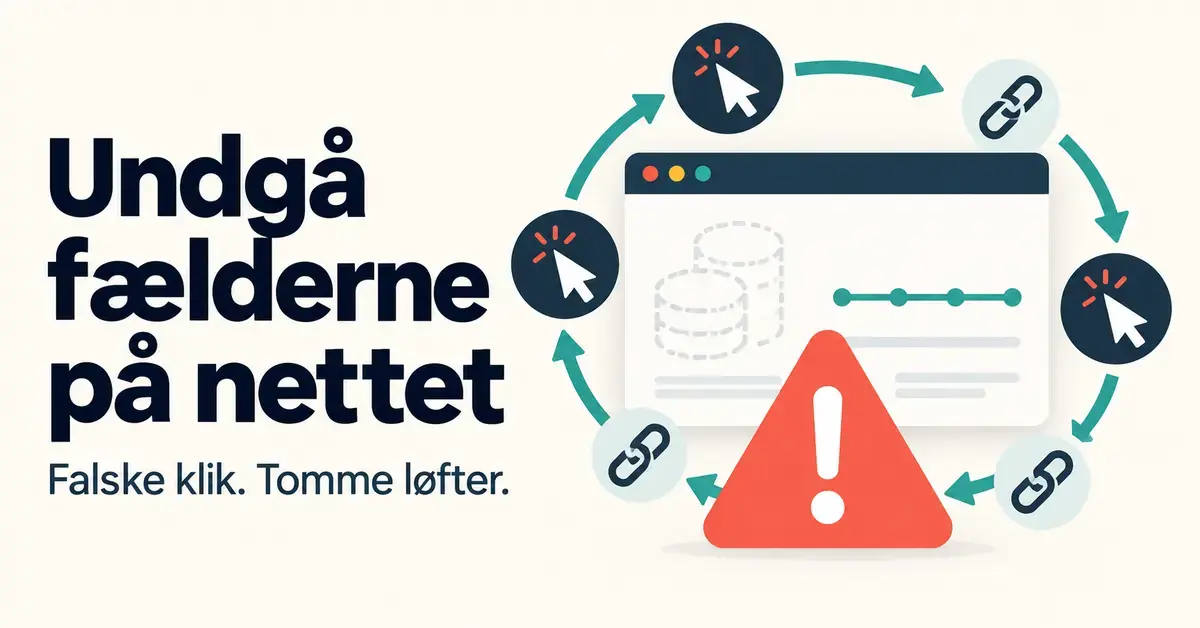 Grafik med teksten »Undgå fælderne på nettet«, hvor klik og links kører i ring omkring et browservindue med tomme møntstakke og en rød advarselstrekant.