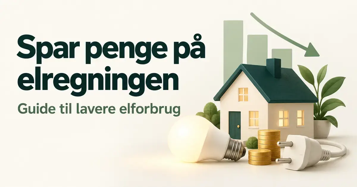 Illustration af et hus, en LED-pære, et stik og mønter foran en faldende graf med teksten »Spar penge på elregningen – Guide til lavere elforbrug«.